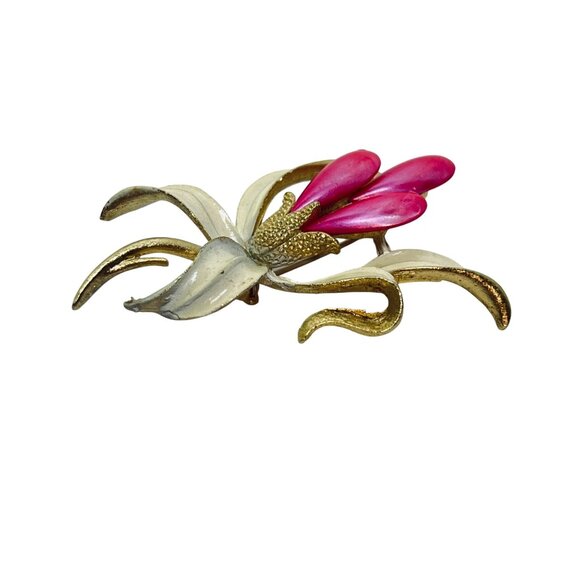 Vintage Mamselle Gold Tone White Enamel & Pink Bead Orchid Brooch (5743) - Picture 3 of 7